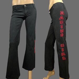 Y2K Black Low Rise Bootcut Pants Size S Embroidered Racing Theme Stretchy